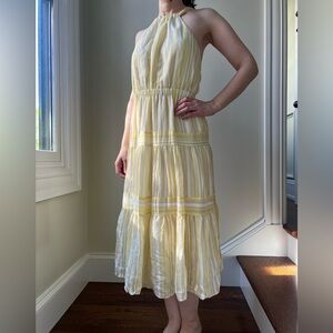 REBECCA TAYLOR Yard Halter Dress Tiered‎ Midi Sundress Butter Yellow Striped 4